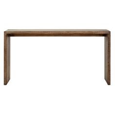 a wooden table with two legs and a long rectangular design on the top, against a white background