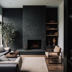 a living room with two couches and a fire place in the middle of it