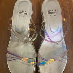 Excellent Condition, Worn Once. Straps Are Iridescent Like A Rainbow. Do Not Have Original Box. Adjustable Slip-on T-strap Synthetic Sandals, Multicolor Open Toe T-strap Sandals, Stuart Weitzman Sandals, Stuart Weitzman Shoes, A Rainbow, Stuart Weitzman, Women's Shoes Sandals, Original Box, Shoes Sandals