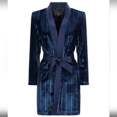 Brand New, Never Worn. Very Beautiful! Italian Size 40, Us 4. 34" Long Shoulder To Hem. Made In Italy. Winter Party Blue Blazer, Blue Party Outerwear With Lapel Collar, Luxury Outerwear With Lapel Collar For Night Out, Tailored Blue Outerwear For Party, Luxury Evening Outerwear For Spring, Blue Single-breasted Outerwear For Party, Luxury Outerwear With Shawl Collar For Parties, Elegant Spring Cocktail Outerwear, Elegant Cocktail Outerwear For Fall