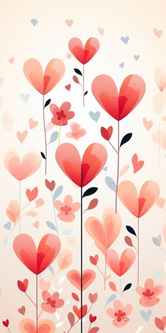 red flowers and hearts on a white background