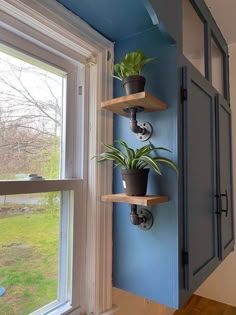 two potted plants are sitting on shelves in front of a window with blue paint