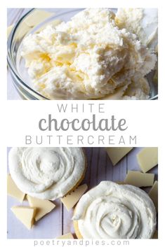 white chocolate buttercream in a glass bowl and on top of some cheese slices