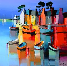 a painting of boats docked in the water