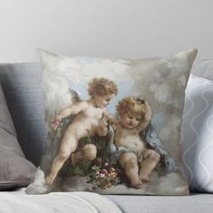 two cherubs on a cloud background throw pillow