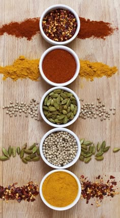 five bowls filled with different types of spices on top of a wooden table next to each other