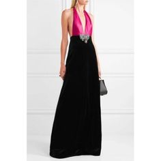 Nwt Authentic Gucci Cotton-Blend Velvet And Silk-Satin Fuchsia Halter Neck Gown. Back Zip. Made In Italy. Us Size 6 It Size 40. Originally Retailing For $5610. Gucci Black Soft Stretch Black Velvet Fuchsia Top Gown. Missing The Crystal Embroidered Bow Appliqu On The Waistline. Sleeveless. Deep V-Neck. Back Zip Closure. Fabric Two, Silk/Cotton. Lined. Minor Handling Wear Light Runs On Fuchsia Silk/Satin Triangles. Gucci Notes Alessandro Michele's Personal Instagram Reflects His Love Of The Renais Gucci Fitted Maxi Dress For Formal Occasions, Gucci Fitted Maxi Dress, Elegant Gucci Evening Maxi Dress, Gucci Formal Maxi Length Dress, Gucci Elegant Evening Maxi Dress, Gucci Evening Maxi Dress, Gucci Fitted Maxi Length Dress, Gucci Silk Dress For Wedding, Gucci Maxi Length Party Dresses