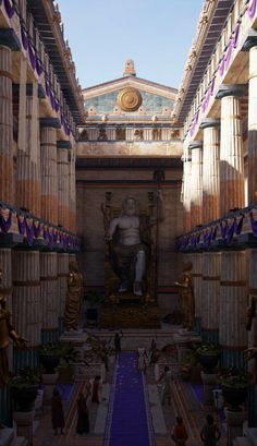 the inside of a building with statues and flags hanging from it's sides,