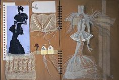 an open book with crocheted clothing and pictures on the pages, including a woman's dress