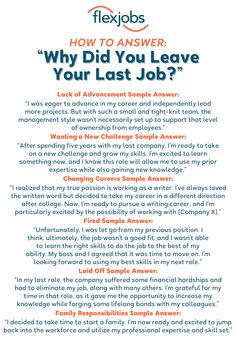 a poster with the words how to answer why did you leave your last job?