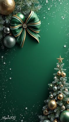 a green christmas tree with gold and silver ornaments on it's sides, against a dark green background