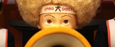 a close up of a doll with a hair band on it's head holding a megaphone