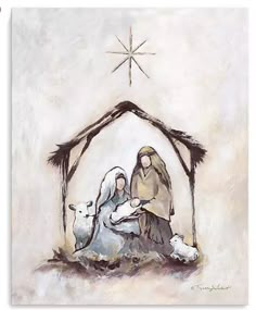 a painting of the birth of jesus and mary in a manger with sheeps