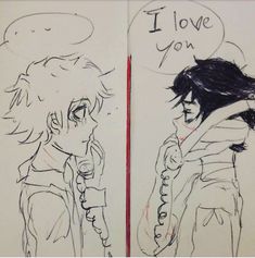 two drawings of people with one holding a cell phone and the other writing i love you