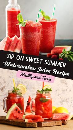 watermelon juice recipe in mason jars with strawberries and basil on the side