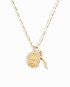 Fortuna Pendant Necklace - Mod + Jo Saint Christopher Necklace, Italian Horn, Wrist Stacks, Safe Travels, Gold Vermeil Jewelry, St Christopher, Coin Pendant Necklace, Saint Christopher, Gold Alloys