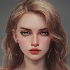 a digital painting of a woman's face with blue eyes and wavy hair,