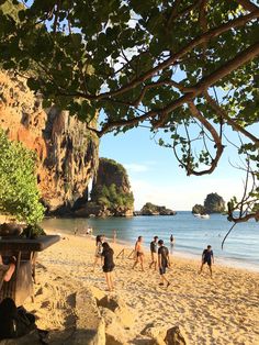 many people are walking on the beach by the water and trees in front of them