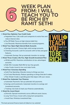 an info sheet with the text 6 week plan from i will teach you to be rich by