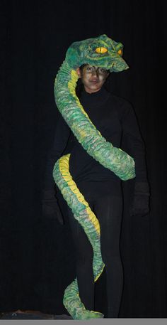 a woman wearing a green and yellow snake costume while standing in front of a black backdrop