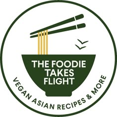 the foodie takes flight logo with chopsticks in a bowl and rice on top