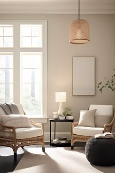 a living room with wicker furniture and large windows in the back ground, along with a rug on the floor