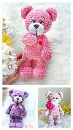 crocheted teddy bears are shown in three different colors and sizes, one is pink the other is purple