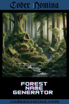 an image of a forest with mossy trees and houses in the background, text reads forest