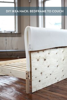 a bed frame made out of wood with the words diy ike hack bedframe to couch