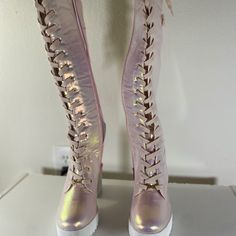 Brand: Sparkl Fairy Couture Size: 8 Color: Pink Condition: New With Tags Never Worn Sparkl Fairy Couture Lace-Up High Boots. New With Tags And Made For The Rockstar You Are, Prepare To Shine In These Discontinued Wonders!!!! <3 Truelovealways Kristi #Sparklfairycouture #Boots #Platforms Party Knee-high Lace-up Platform Boots, Party Platform Knee-high Lace-up Boots, Spring Party Platform Lace-up Boots, Elegant High-top Party Heels, Platform Lace-up Closed Toe Party Boots, Platform Closed Toe Lace-up Party Boots, Closed Toe Platform Lace-up Party Boots, Luxury Pink Party Boots, Elegant Party Heels