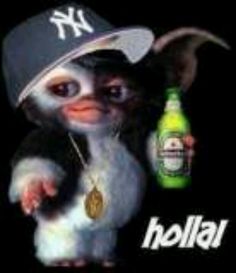 a monkey wearing a baseball cap and holding a bottle of booze with the caption, holla