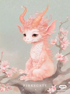 a painting of a pinky cat sitting on top of a tree branch with flowers