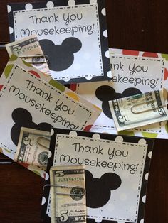 four mickey mouse thank you cards with money on them