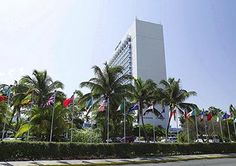 an office building with many flags in front of it and palm trees lining the street