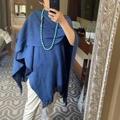 St.John Navy Blue Two Tone Sweater Poncho Blue Oversized Poncho, Blue Fall Shawl, Casual Blue Cape Poncho, Casual Blue Poncho Cape, Blue Fall Cape Outerwear, Blue Shawl Cape For Fall, Blue Cape For Fall, Blue One-size Cape, One Size Blue Cape