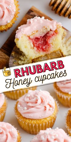 there are many cupcakes with pink frosting on them and the title reads rhubarb honey cupcakes