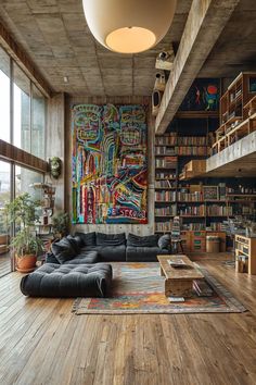 a living room filled with furniture and bookshelves next to a large painting on the wall