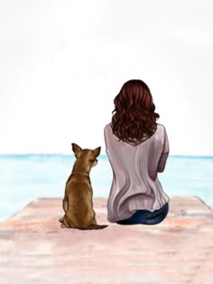 a painting of a woman and her dog sitting on the beach looking at the water