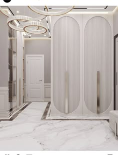 a room with white walls and marble floors is shown in this image, there are two doors that lead into the closet