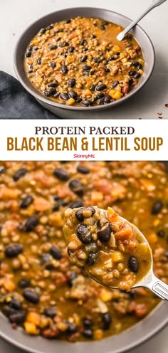 a spoonful of black bean and lentil soup in a skillet with the words protein packed on it