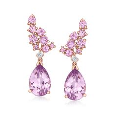 Ross-Simons - 6.00ct t. w. Amethyst, 2.00ct t. w. Pink Sapphire Drop Earrings, Diamond Accents. Our truly artful earrings call together unexpected hues for the most magnificent result! 6.00 ct. t. w. pear-shaped amethyst drops are topped by lively flourishes bright with 2.00 ct. t. w. pink sapphire rounds for a look that exudes creativity and nature-inspired elegance. Finely crafted in polished 14kt rose gold with diamond accents dotted in between. Hanging length is 7/8". Post/clutch, pink sapph Drop Earrings Diamond, Sapphire Drop Earrings, Clutch Pink, Pink Sapphire Earrings, Amethyst Birthstone, Glass Wedding, Gemstones Jewelry, Earrings Diamond, Hair Clothes