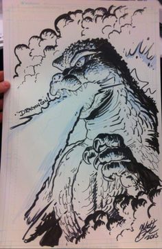 an ink drawing of a godzilla with clouds in the background