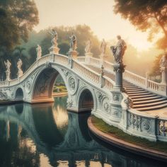 a bridge with statues on it over a pond