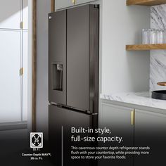 LG Reliability just got better - Get a Free extra year warranty (up to $185 value) with purchase with our ThinQ offer. LG offers the largest counter depth capacity, so you no longer sacrifice storage space for a built-in look. Walk up lighting illuminates the refrigerator as you approach. From cubed and crushed to Craft Ice™ and NEW mini cubed, this LG refrigerator makes 4 types of ice that are perfect for every occasion.. Modern, flat panel design has a smooth, minimalist look with LED-lit pock Hidden Refrigerator, Fridge Ideas, Modern Refrigerator, Counter Depth Fridge, Evergreen Fog, Types Of Ice, Lg Refrigerator, Smart Refrigerator, Clear Bins