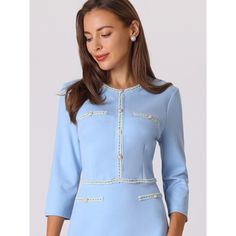 This dress can be a perfect addition to almost any outfit from formal to daily wear, great for work, meetings, offices, businesses, work, parties, cocktails, weddings, casual, daily dressing, etc. Pair with a delicate necklace and heels for a chic office look. Comfortable and classic, this contrast color dress is perfect on its own or as a layer under a blazer or jacket. Keep your look formal and elegant in fall weather with this work dress from INSPIRE CHIC, featuring tweed trim details, 3/4 sl Elegant Fitted Tweed Dress For Work, Elegant Midi-length Tweed Dress For Office, Elegant Tweed Dress For Spring Office Wear, Elegant Midi Tweed Dress For Office, Elegant Midi Length Tweed Dress For Office, Elegant Long Sleeve Tweed Dress For Formal Occasions, Spring Formal Midi-length Tweed Dress, Spring Workwear Elegant Tweed Dress, Fitted Tweed Office Dress