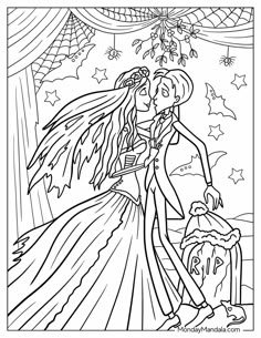 an adult coloring page with a couple kissing under a spider web