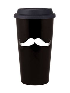 a black cup with a white mustache on it