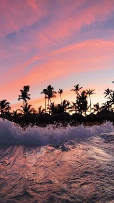 the sun is setting behind palm trees and waves