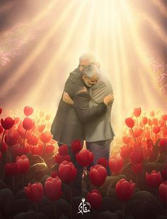 an image of two people embracing each other in front of red tulips with the sun shining down on them