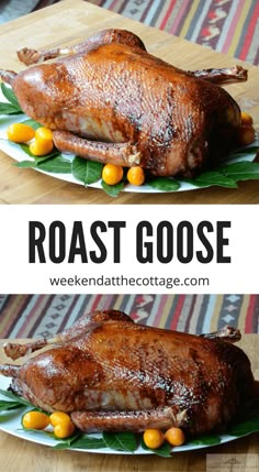 roast goose on a plate with oranges and herbs in the foreground text reads roast goose